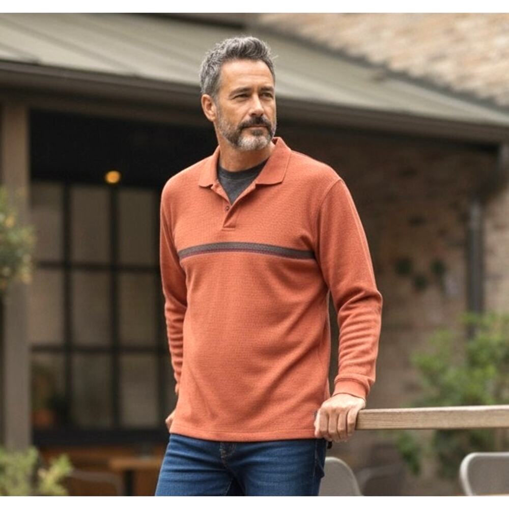 🍂🍁IZOD Mens Polo Shirt Rust Gray Burgundy 🏌🏻 Size Large Long Slv Fall Vibe